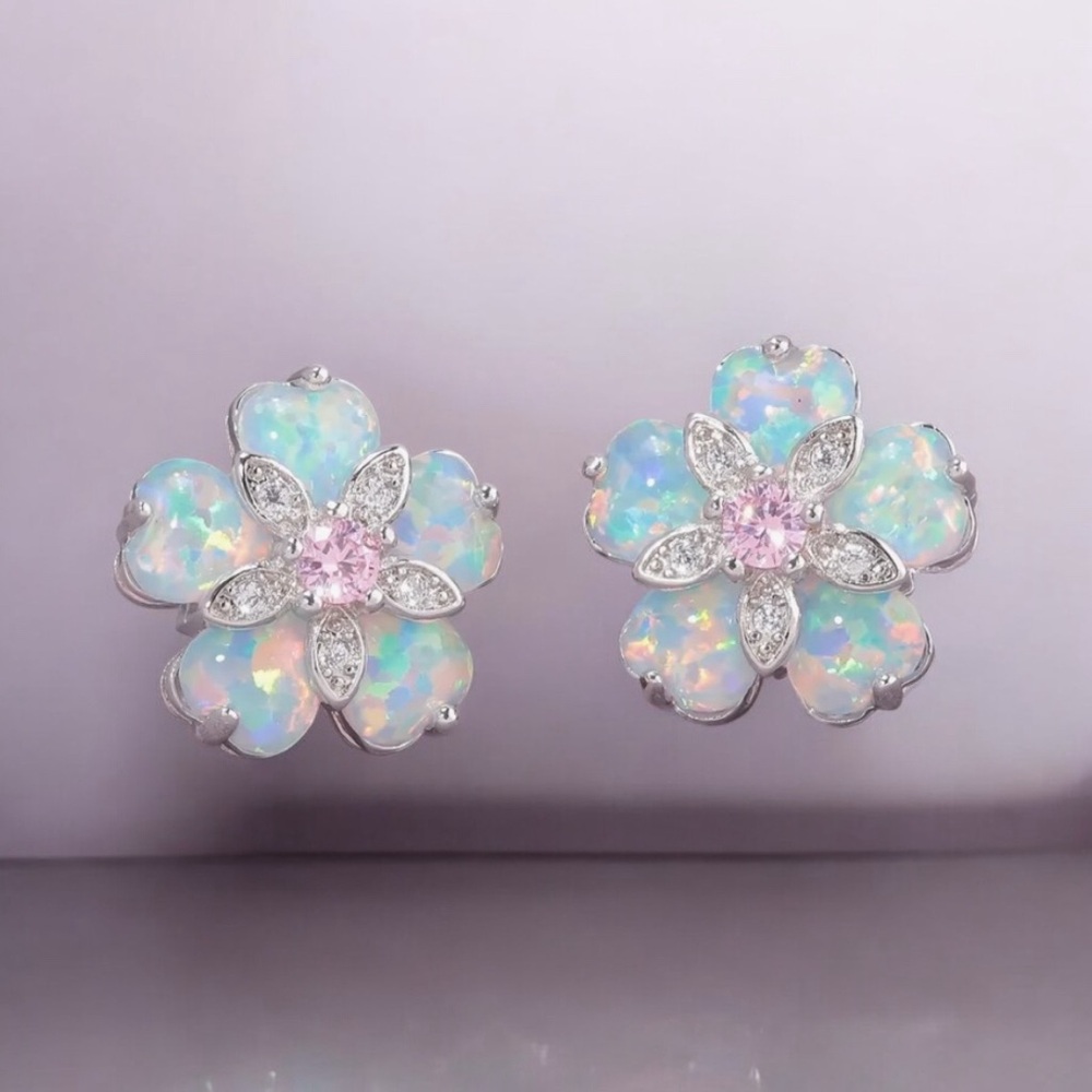 Iridescent White Gold Plated Opal Flower Stud Earrings with Pink Center. New.